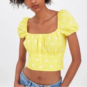 Zara Yellow White Polka Dot Puff Sleeve Crop Top Small